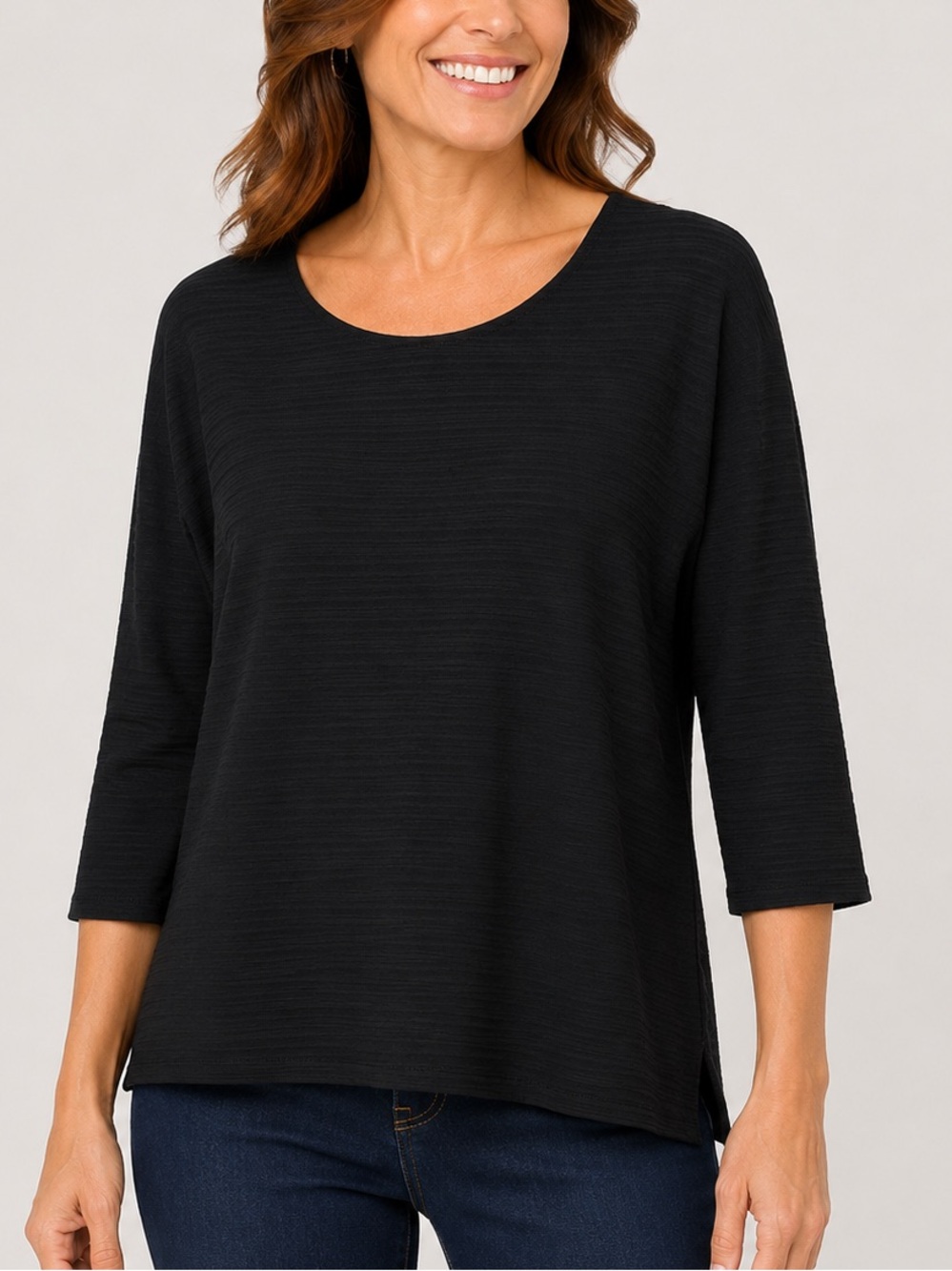 Chico’s Size 1 Black Textured‎ Knit Top 3/4 Sleeve Stretch Pullover Career Basic